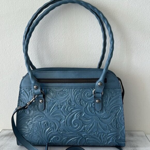 PATRICIA NASH LEATHER CALVI TOOLED FLORAL SATCHEL CROSSBODY SAFFLOWER BLUE